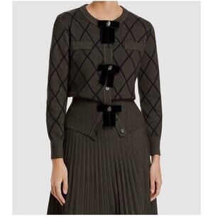 Nancy Yang Women’s Gray Embelished Velvet Bow-Knit Cardigan Sweater. Size-Large